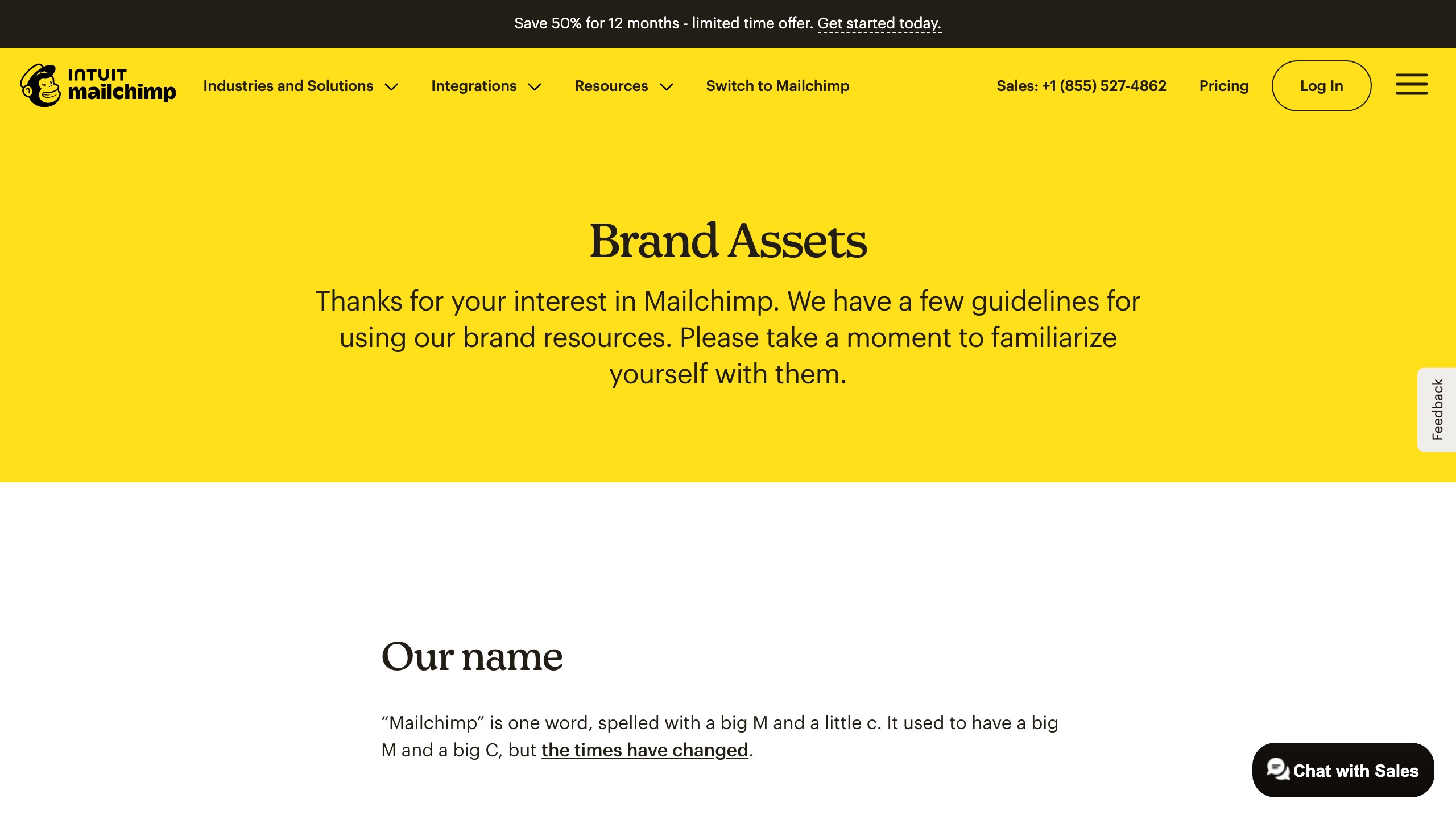 Mailchimp's brand assets page documenting the voice rules at the level of detail AI generators need to apply them.