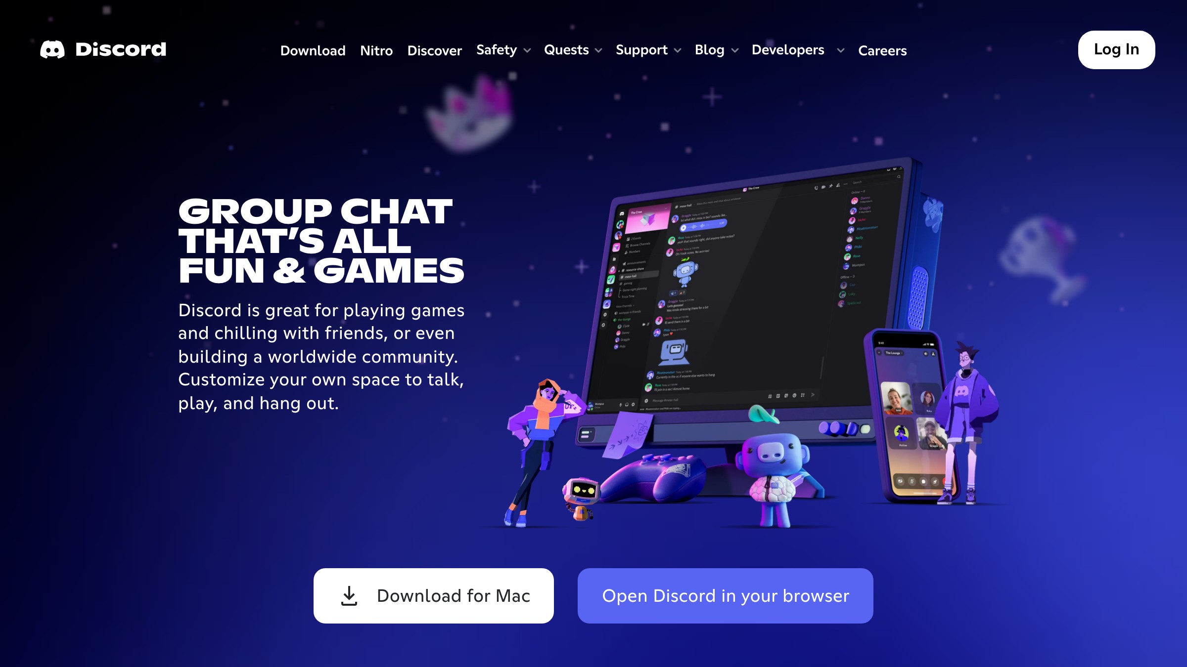 Discord homepage with the casual-inclusive voice setting the community contract.