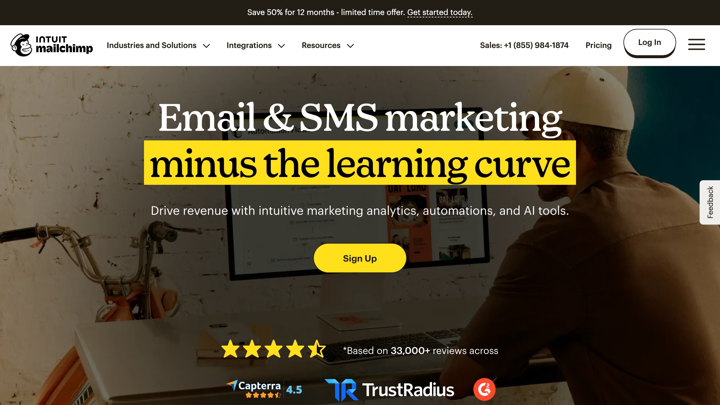 Mailchimp homepage with the warm-pragmatic voice in the headline and supporting copy.