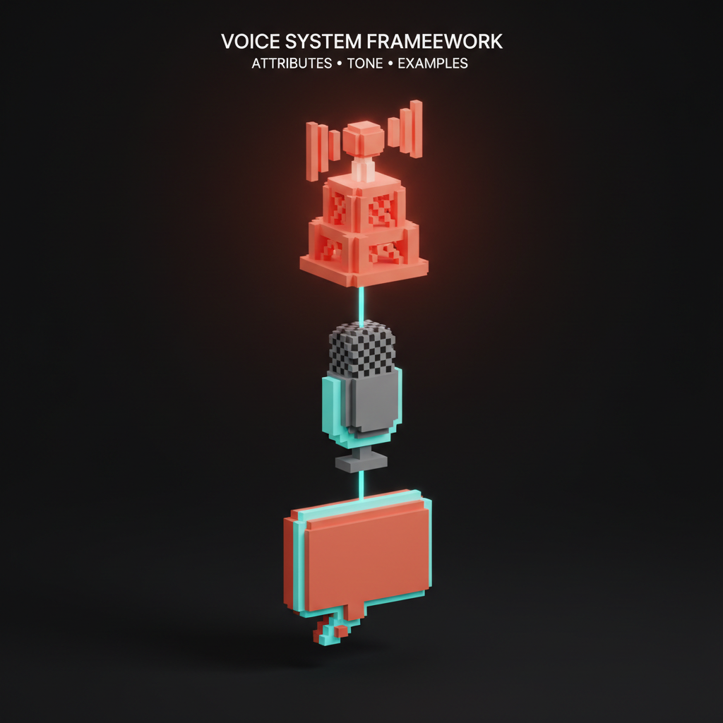 Voxel diagram of the three layers of a voice system stacked: attributes on top, tone spectrum in the middle, applied examples at the bottom.