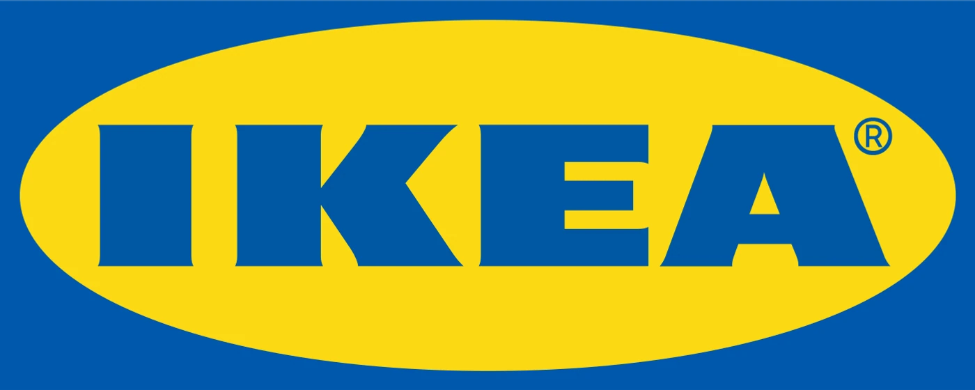 The IKEA logo, blue letters in a yellow oval, on IKEA blue