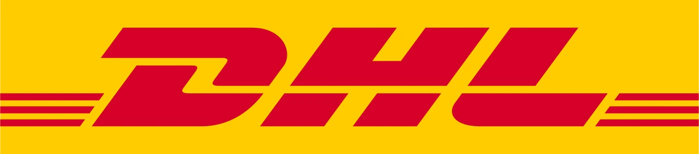 The DHL logo, red letters and speed lines, on DHL yellow