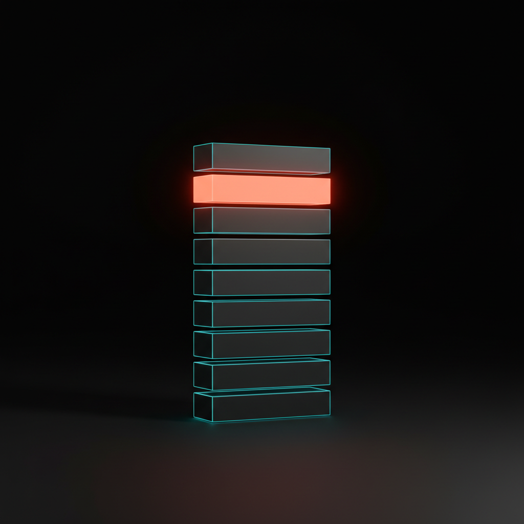 Composición voxel de una pila vertical de siete barras pequeñas y pesadas, una de ellas resaltada con un color ácido, que se asemeja a una silueta de lista de verificación.