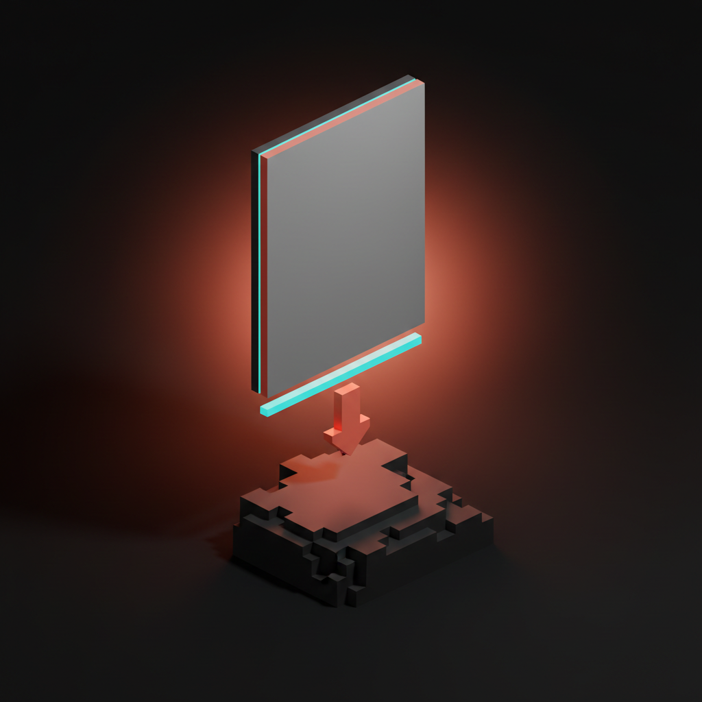 Diagrama de vóxeles que muestra dos paneles apilados divididos por una regla delgada, el panel superior una tarjeta pulida y el panel inferior una losa monolítica en bruto, con una sola flecha entre ellos.