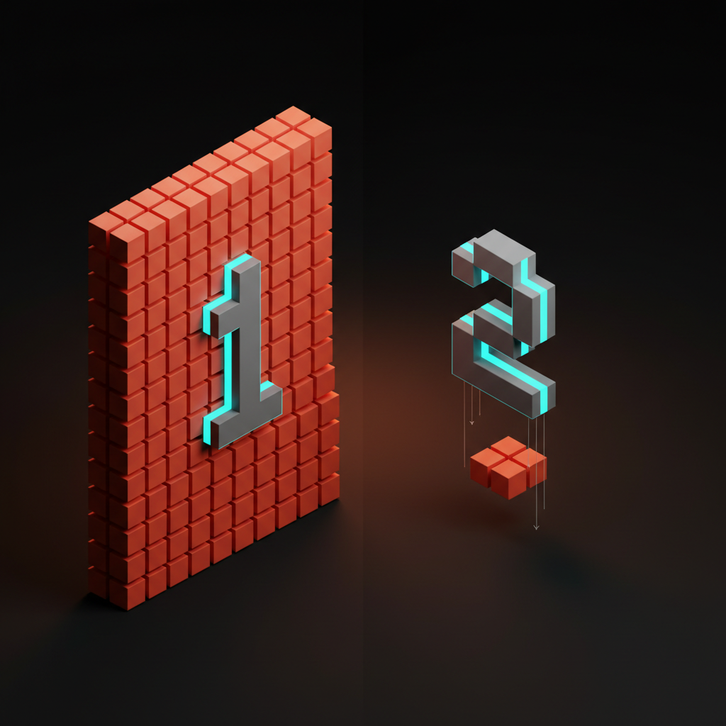 Marco dividido por vóxeles, la mitad izquierda una cuadrícula compacta de pequeños bloques pesados ​​con el dígito uno y la mitad derecha vacía y desequilibrada con el dígito dos, contrastando un brutalismo seguro y perezoso.