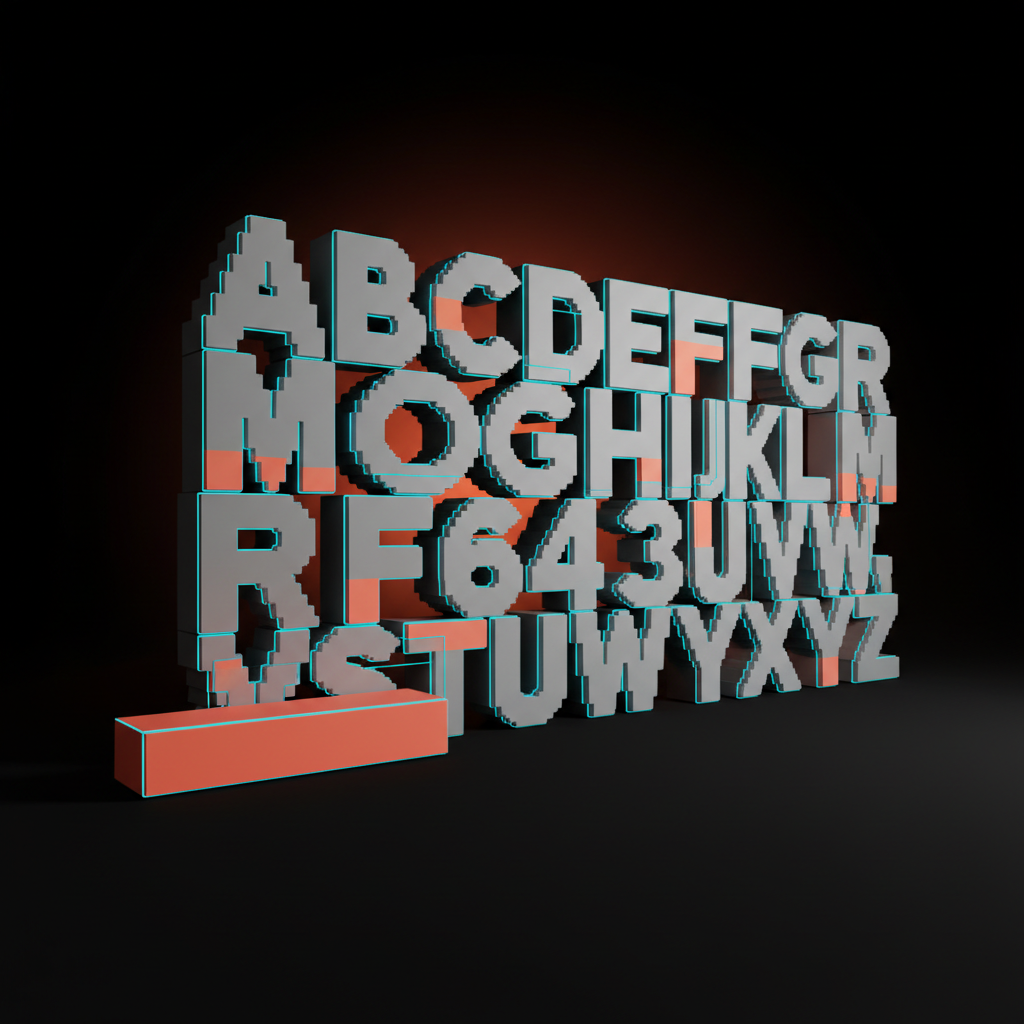 Renderizado voxel de una pared de enormes letras mayúsculas muy juntas que llenan el marco, con una pequeña losa de acento en la esquina, transmitiendo un brutalismo de la tipografía como protagonista.