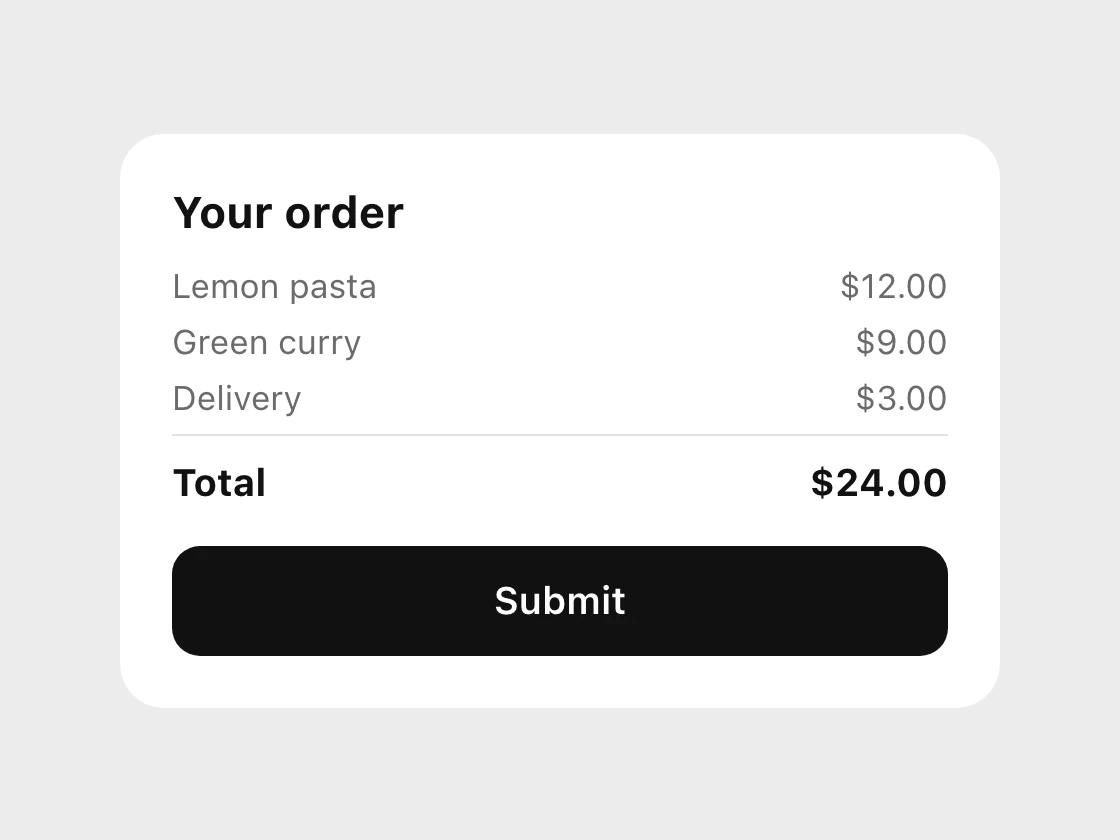 An order summary with a total of $24.00 and a black button that says Submit
