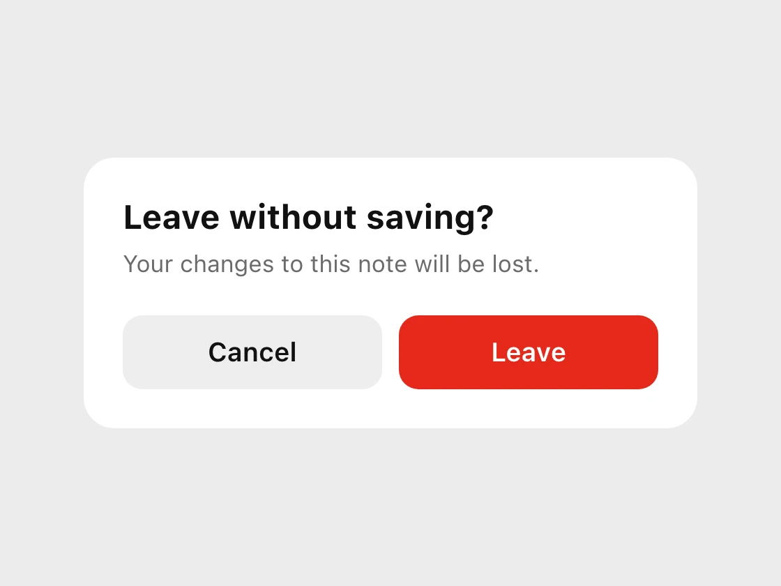 The same dialog with a gray Cancel button and a red Leave button