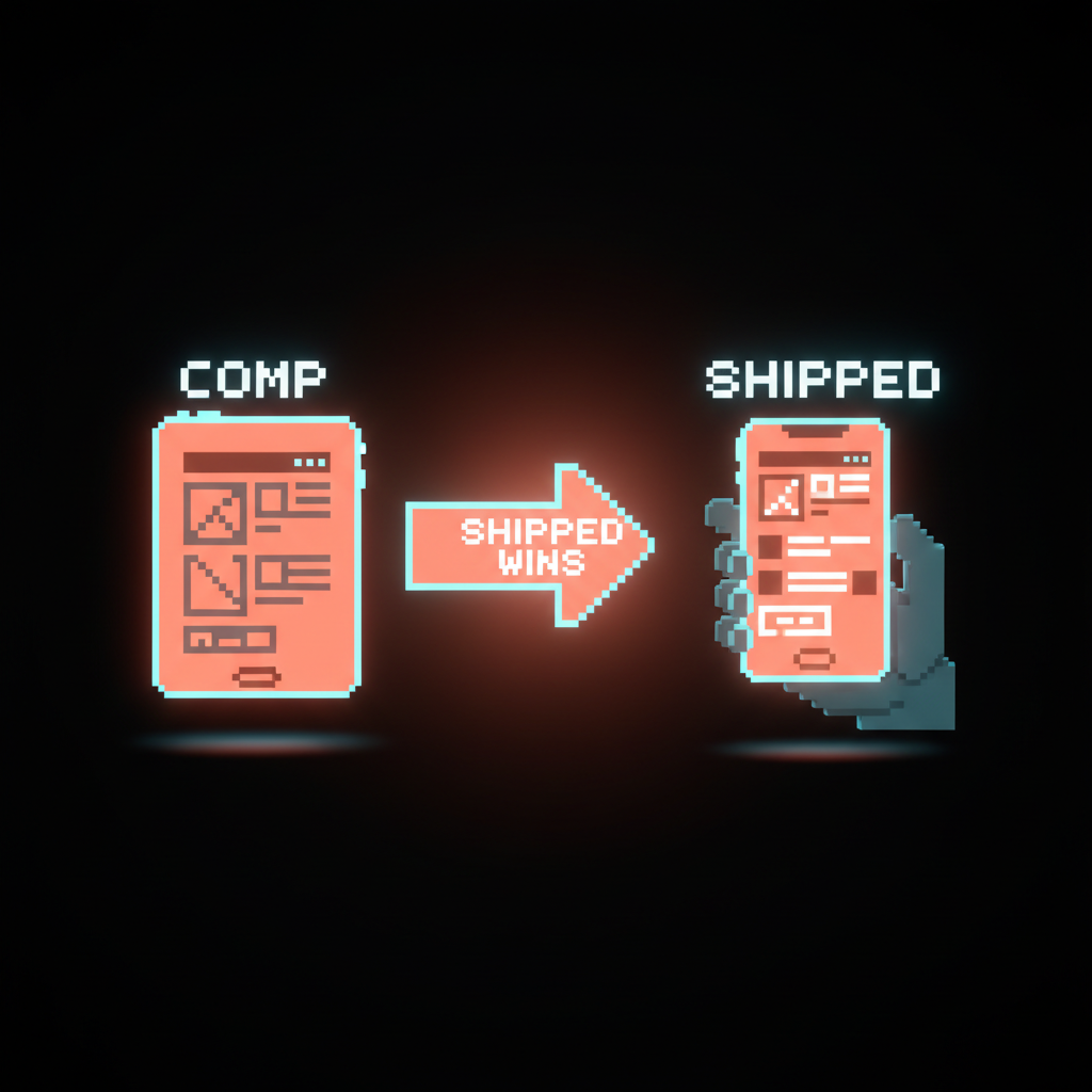 Voxel split view. Left side shows a designer's Figma comp with drop shadows. Right side shows the same design live on a real device. Arrow between labeled shipped wins over comp