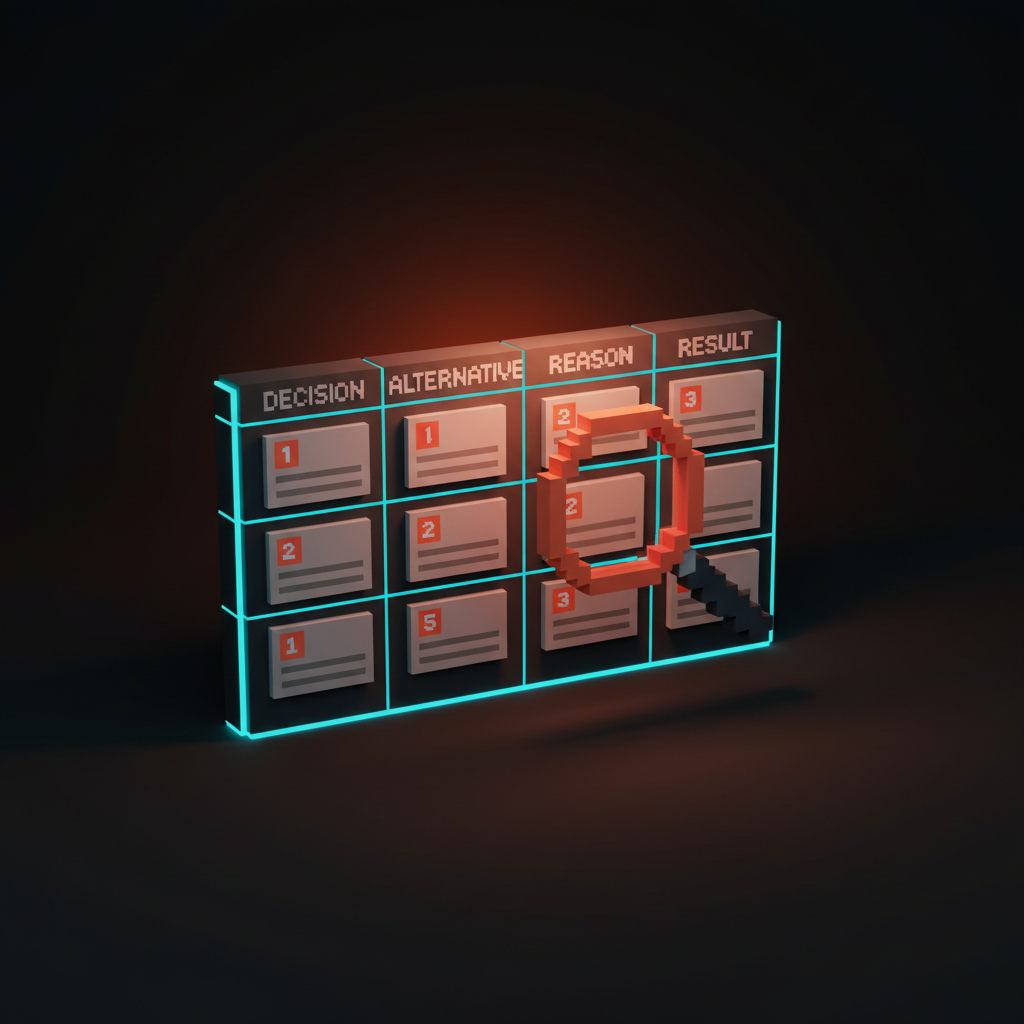 Voxel table with four columns labeled decision, alternative, reason, result, filled with three numbered rows, a magnifying glass hovering over it