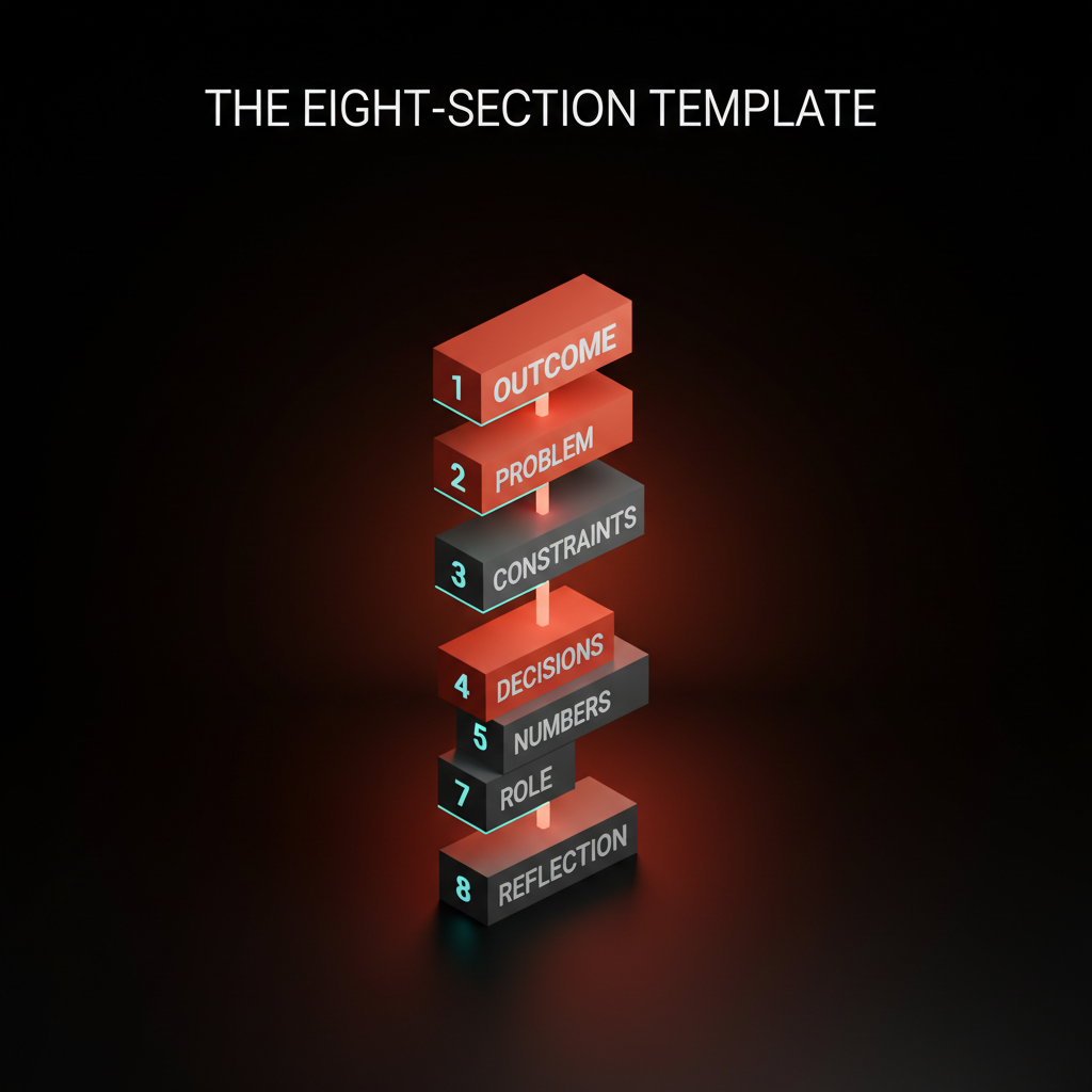 Voxel vertical stack of eight numbered blocks labeled outcome, problem, constraints, process, decisions, numbers, role, reflection, threaded top-to-bottom by a thin orange line