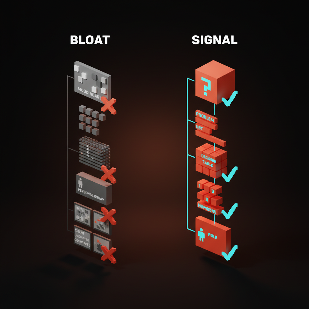 Voxel diagram. Left labeled bloat: mood board, ideation grid, personal essay, client backstory, comp reel. Right labeled signal: problem, constraints, decision log, numbers, role