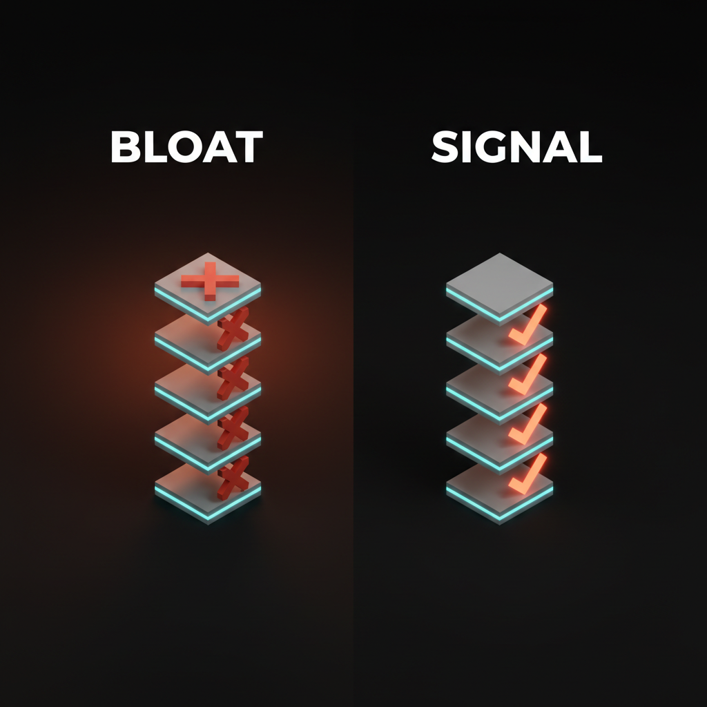 Voxel diagram. Left labeled bloat: mood board, ideation grid, personal essay, client backstory, comp reel. Right labeled signal: problem, constraints, decision log, numbers, role