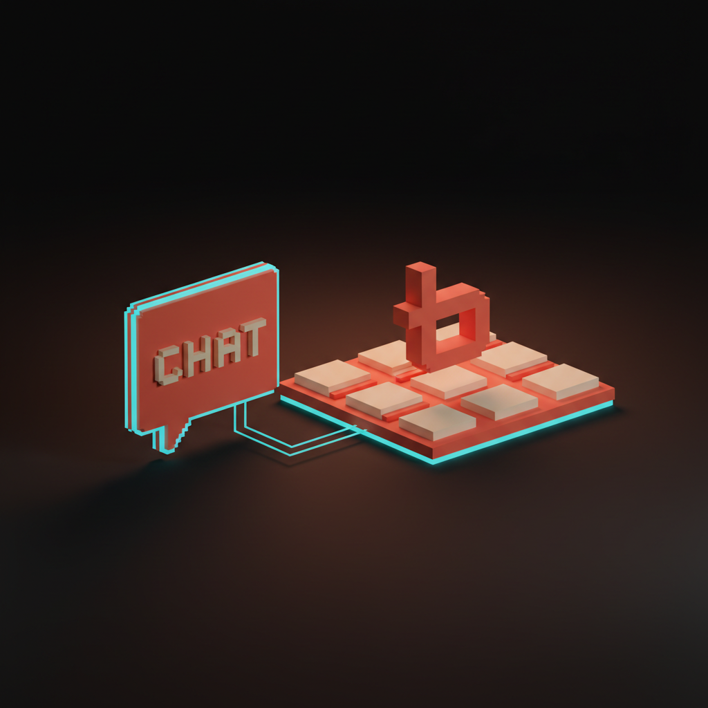 Voxel composition showing a single chat-bubble slab on the left labeled CHAT and a wider direct-manipulation slab on the right with a tab-key glyph hovering over editable content, both rendered in soft coral and cream against a dark Brainy studio backdrop with subtle cyan rim light
