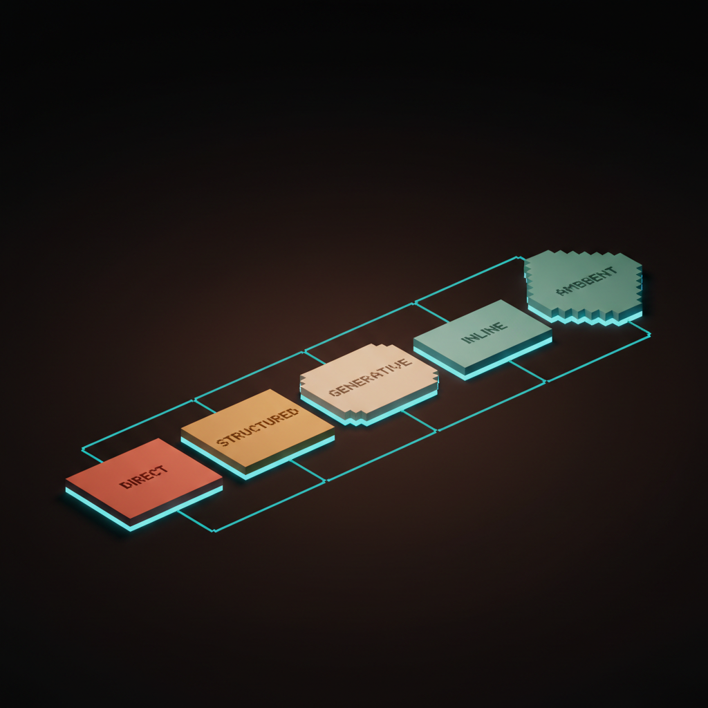 Voxel composition showing five labeled card slabs in a row on the dark studio floor in soft coral and cream tones with subtle cyan rim light, each card a different shape suggesting one of the five alternative interface patterns