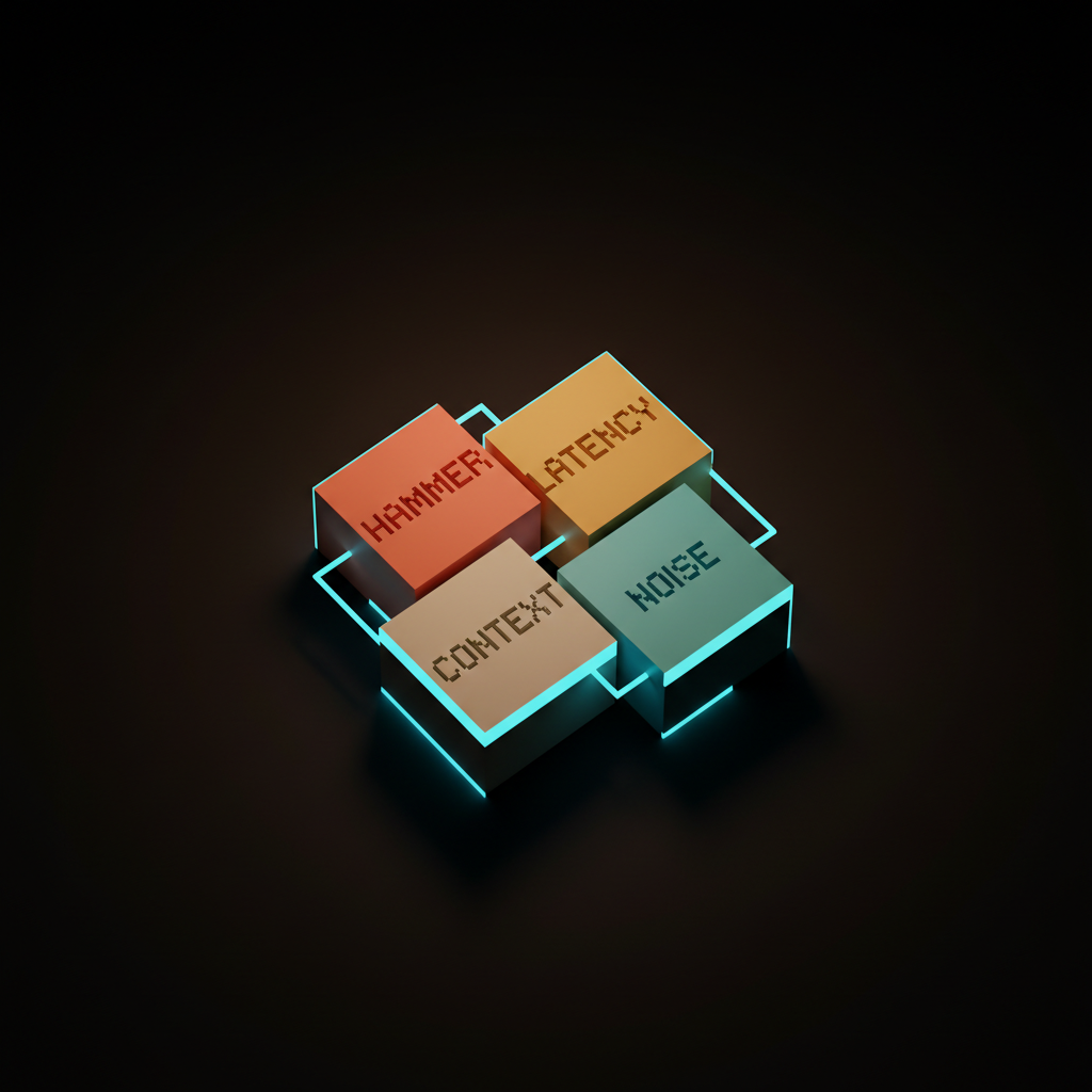 Voxel composition showing four labeled cards arranged in a grid on the dark Brainy studio floor with single-word glyphs for HAMMER, LATENCY, CONTEXT, NOISE in soft coral cream and cyan tones with subtle rim light, suggesting four failure modes of bolted-on chat AI
