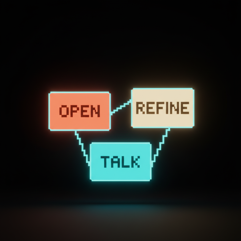 Voxel composition showing three glowing voxel cards labeled with single-word glyphs for OPEN, REFINE, and TALK arranged in a triangle on the dark Brainy studio floor in soft coral and cream tones with cyan rim light, suggesting the narrow set of conditions where chat is the right call