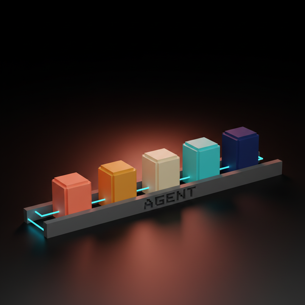 Voxel timeline rail across the studio floor with five stepped agent-glyph cubes stepping left to right, single-word label AGENT etched on the rail