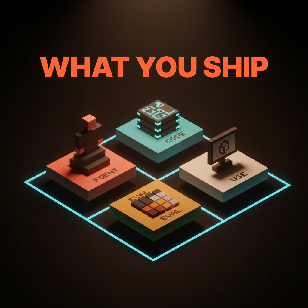 Voxel two-by-two grid of pedestals on the studio floor with small voxel objects in silhouette, single-word labels AGENT CODE EVAL USE