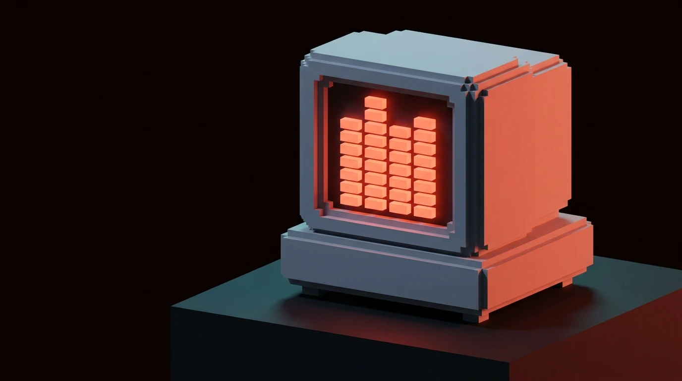 A retro voxel terminal glows with stacked orange blocks, a visual stand-in for a context window pushing its limits.