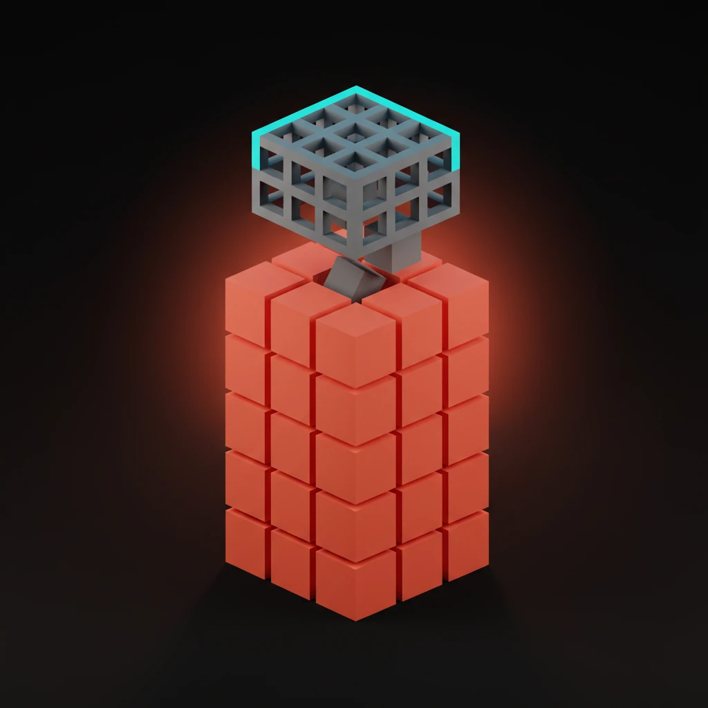 Stacked red cubes topped by a glowing wireframe cage, the tension between accumulating context and the window ceiling made tangible.