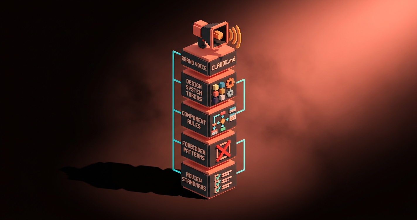 A split-screen diagram showing a bare engineer CLAUDE.md on the left and a rich designer-authored CLAUDE.md on the right