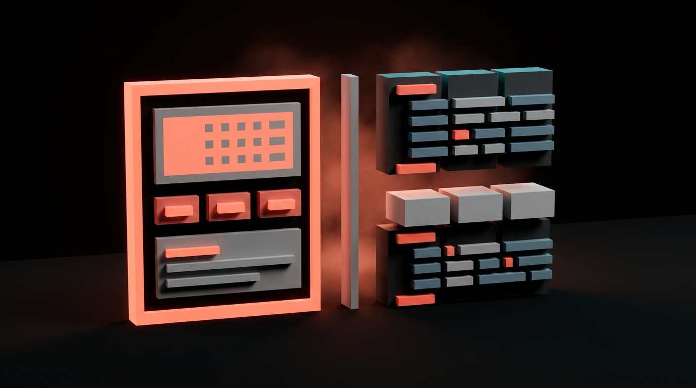 A Figma frame on the left being translated into structured component code on the right, same grid alignment visible on both sides