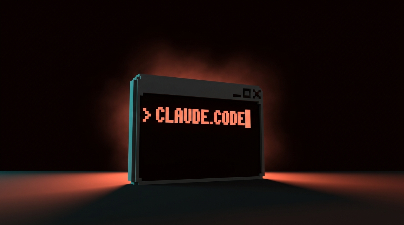 A minimal terminal window with the Claude Code prompt visible in a clean, editorial composition