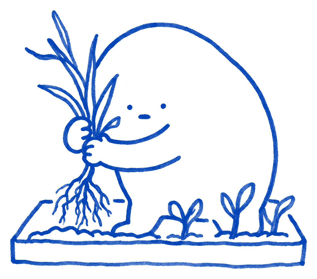 A round blob character standing in a garden bed, pulling a tall weed out by the roots with both hands, three healthy sprouts beside it