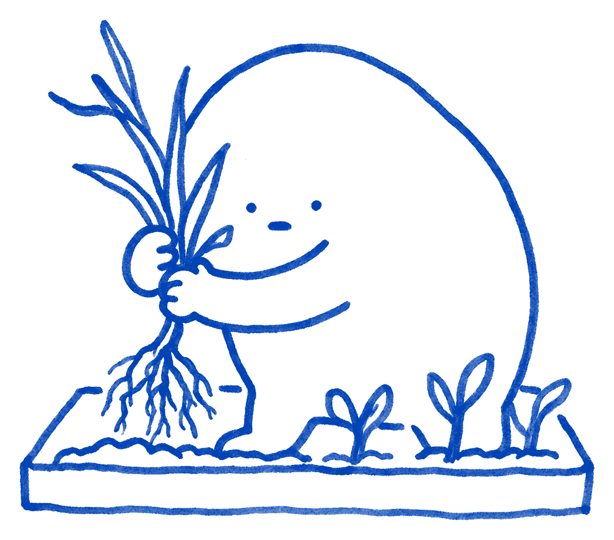 A round blob character standing in a garden bed, pulling a tall weed out by the roots with both hands, three healthy sprouts beside it