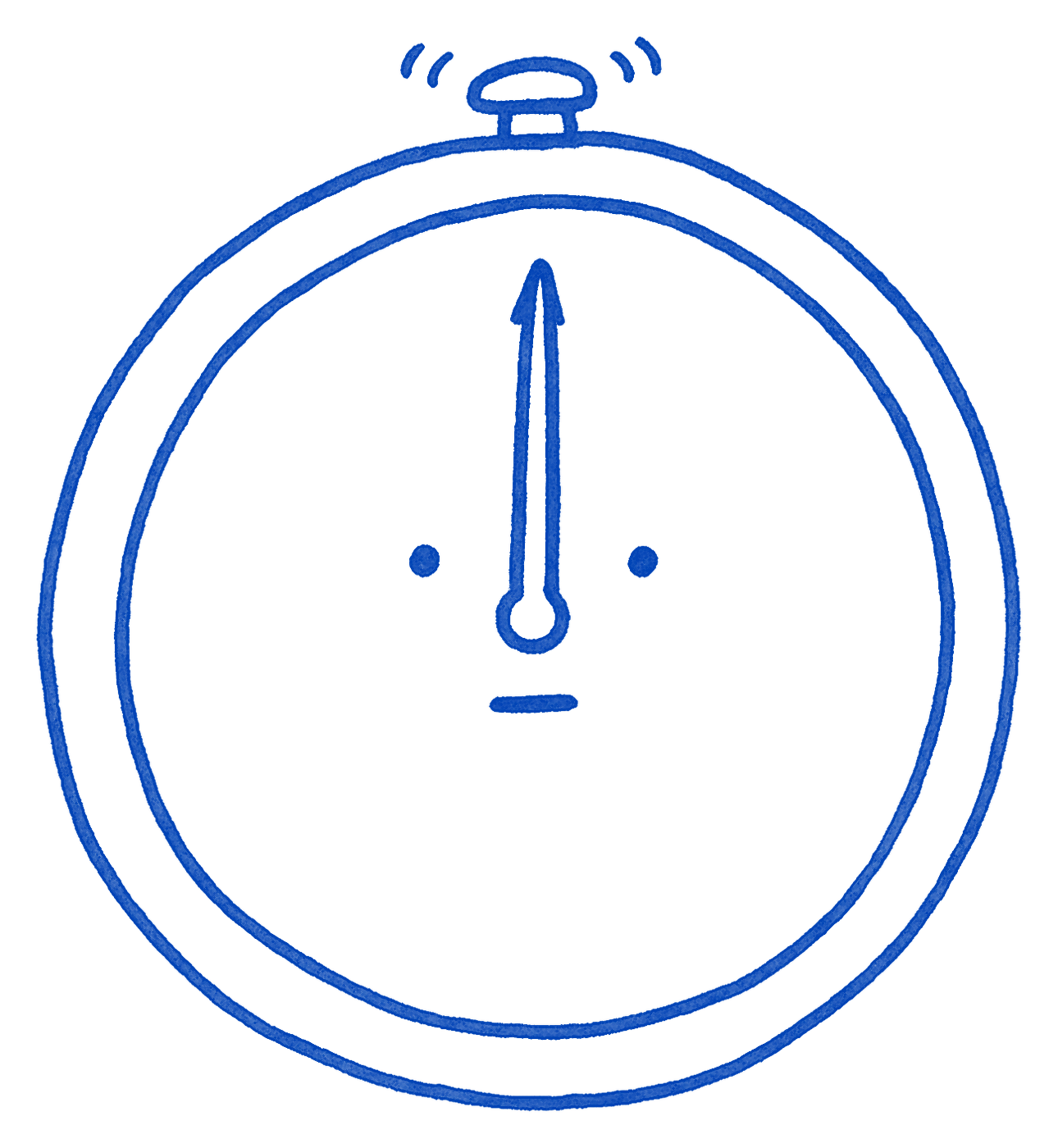 A round stopwatch with two dot eyes and a flat mouth, one hand pointing straight up, just clicked