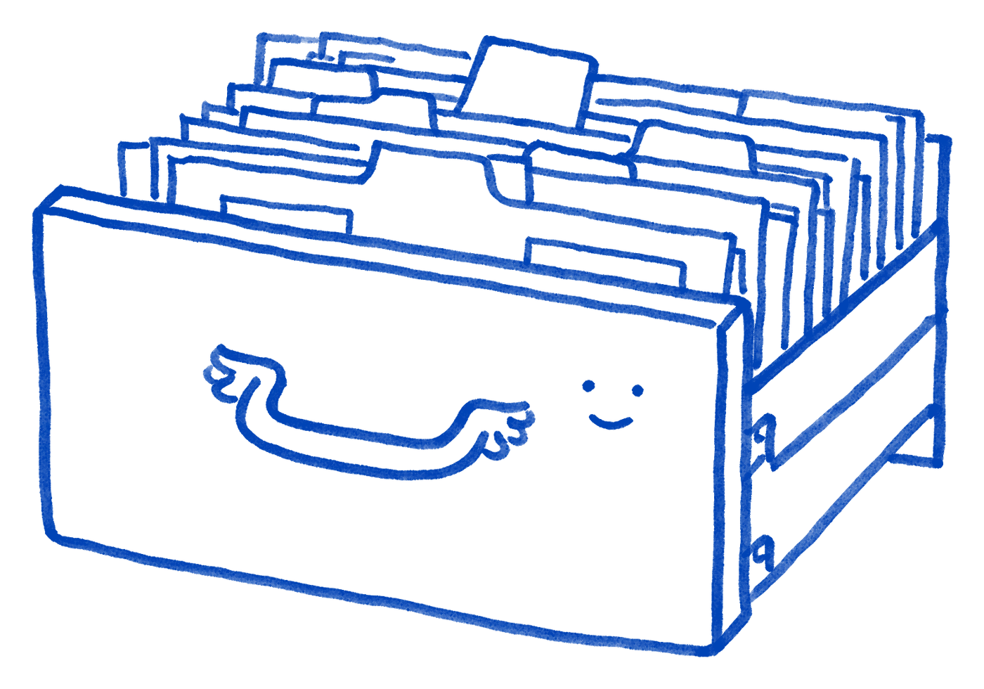 A card-catalogue drawer pulled open, crammed with hundreds of index cards on edge, one tab standing up, a calm smile on the drawer front