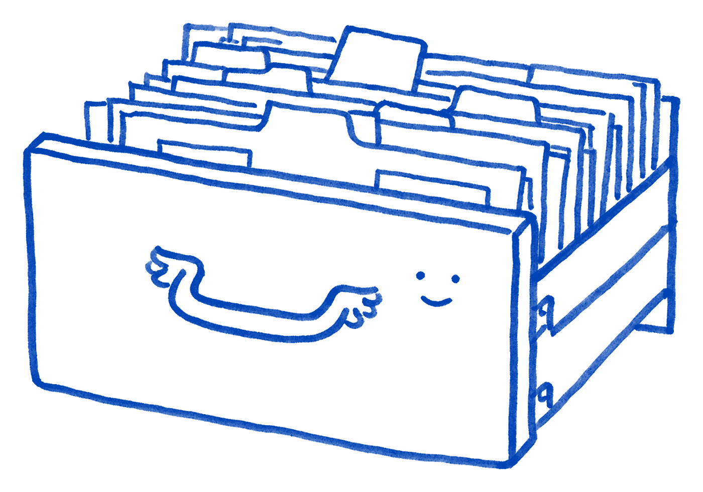 A card-catalogue drawer pulled open, crammed with hundreds of index cards on edge, one tab standing up, a calm smile on the drawer front