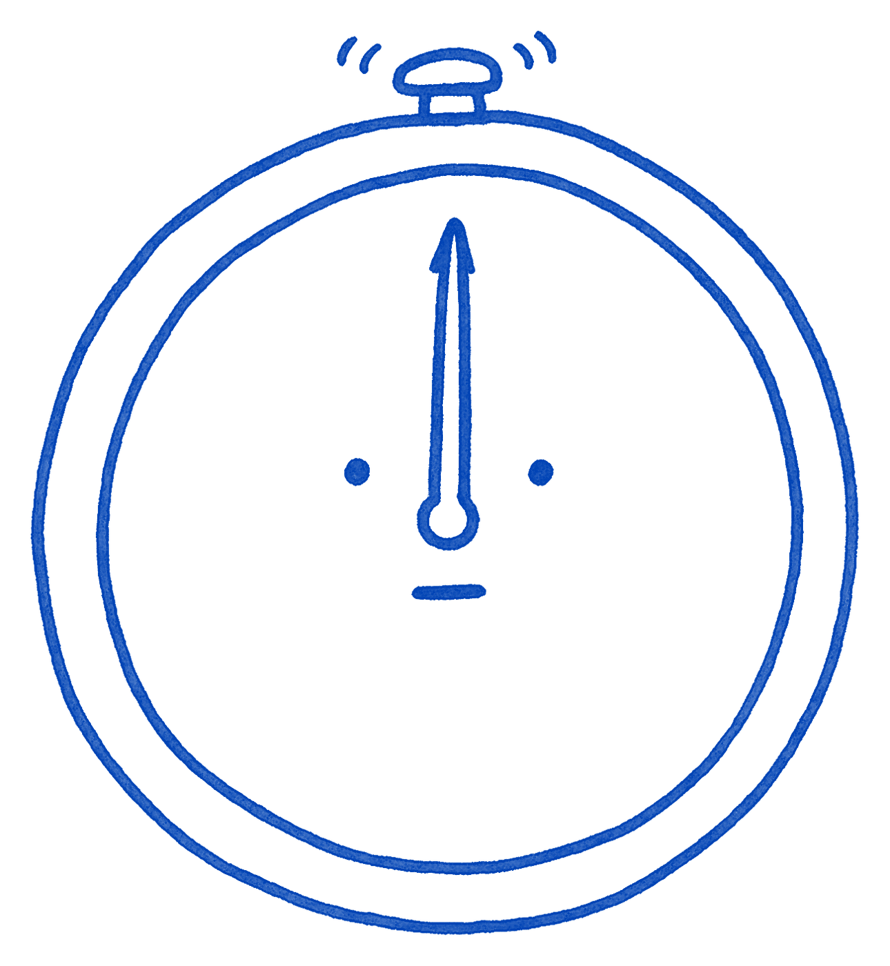 A round stopwatch with two dot eyes and a flat mouth, one hand pointing straight up, just clicked