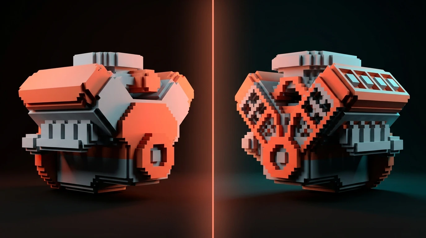 Two voxel engines face off under split lighting, each built differently, mirroring the core tension between Claude Design and Figma AI.