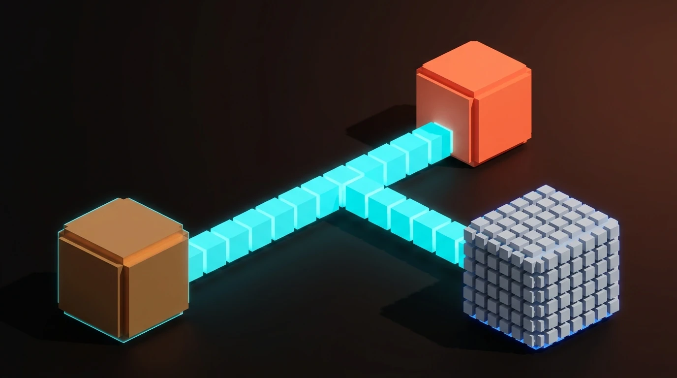 One glowing grid path splits toward a solid orange cube and a segmented gray block, the visual logic of Claude Design versus Figma AI.
