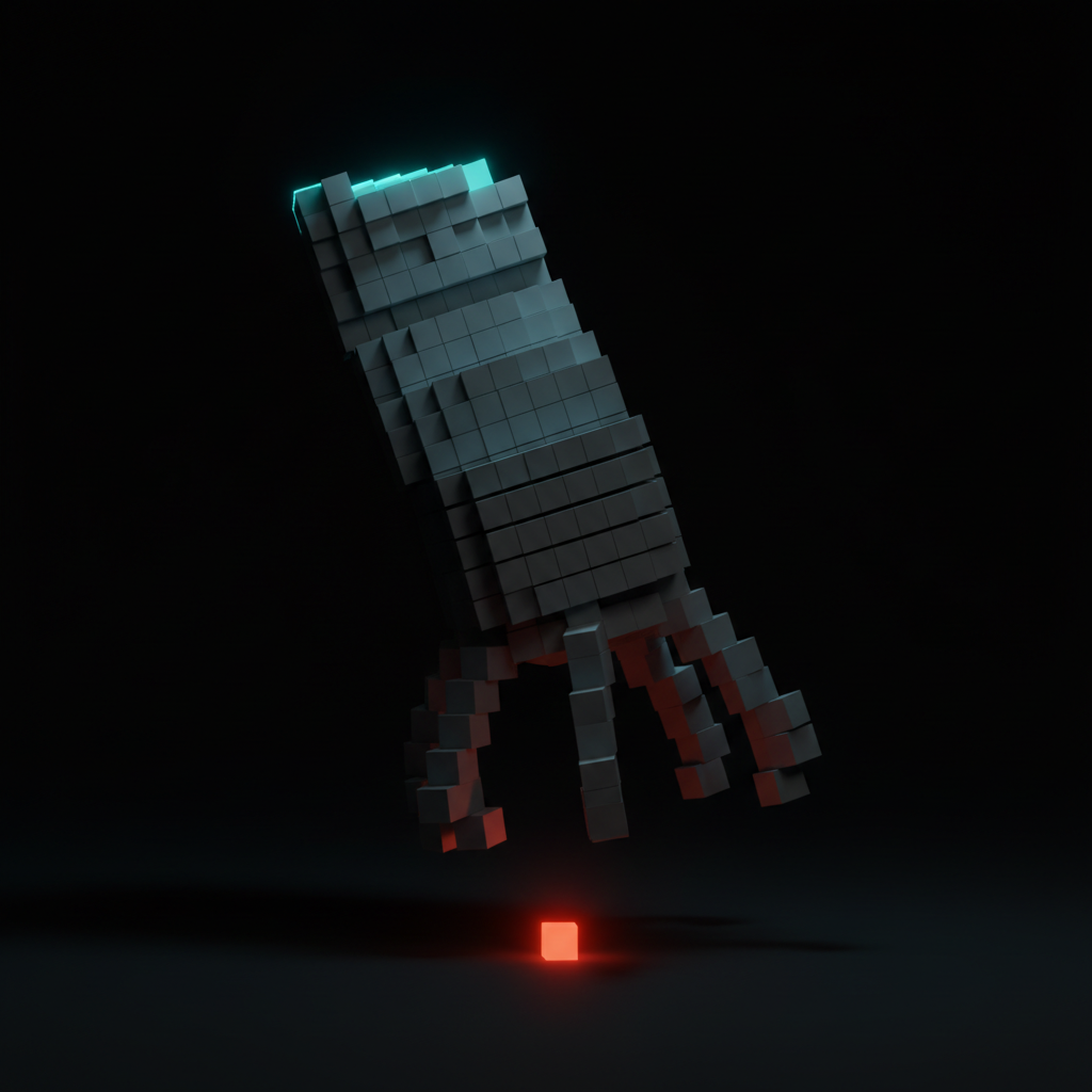 Voxel concept of overkill: a towering effort stack aimed at one tiny cube.
