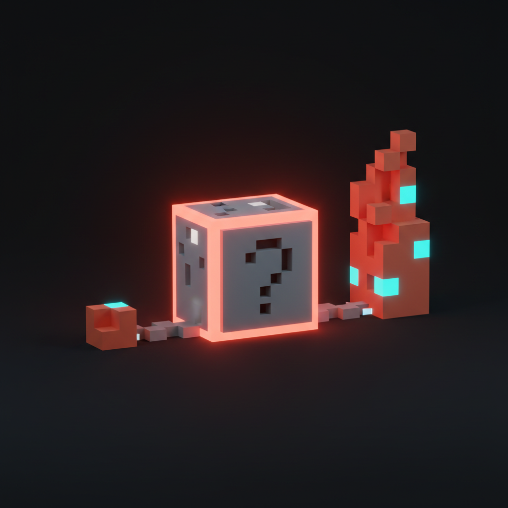 Voxel decision concept: a small quick cube for low-stakes work beside a tall tower for ambiguous, risky tasks.
