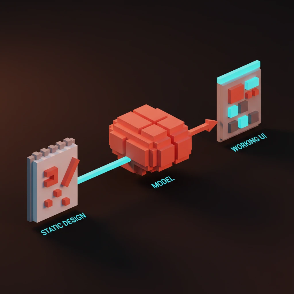 رسم توضيحي بأسلوب Voxel لخط أنابيب ذي تمريرة واحدة يحوّل لقطة شاشة إلى واجهة إنتاج.