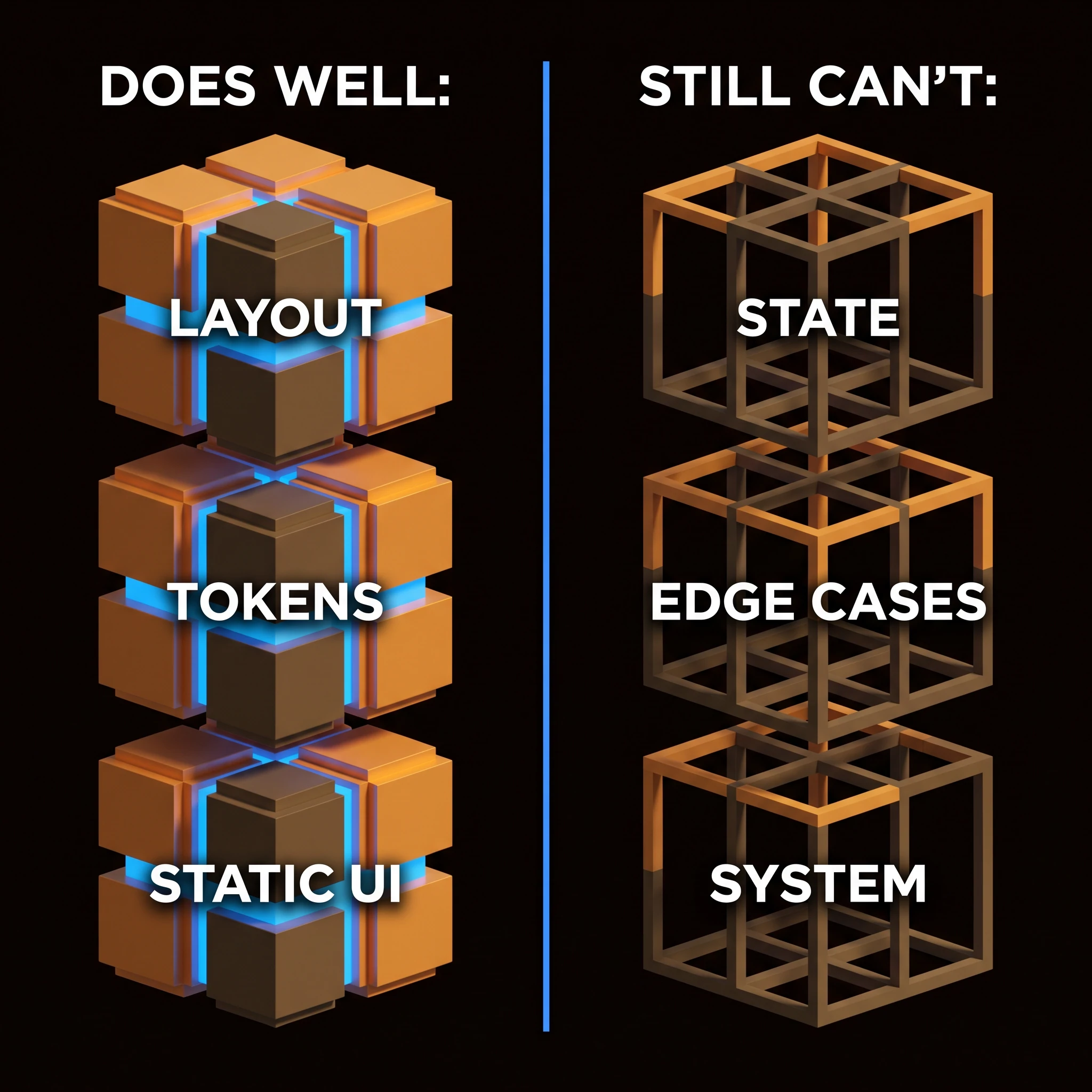 Voxel illustration of Fable 5 limits, what a static frame shows versus what it cannot infer.