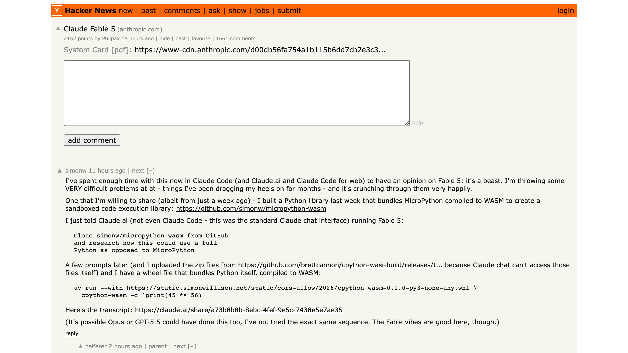 رشته راهاندازی Hacker News برای Claude Fable 5 که در روز اول از ۲۱۰۰ امتیاز گذشت.
