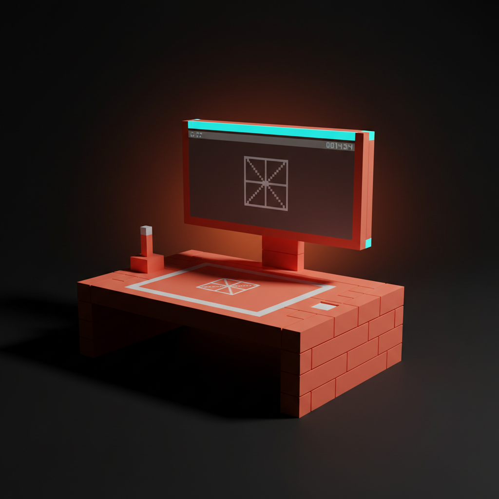 تصویر voxel از ایستگاه کاری طراح با نور تاریک برنزی استودیو و رنگ مکمل فیروزهای.