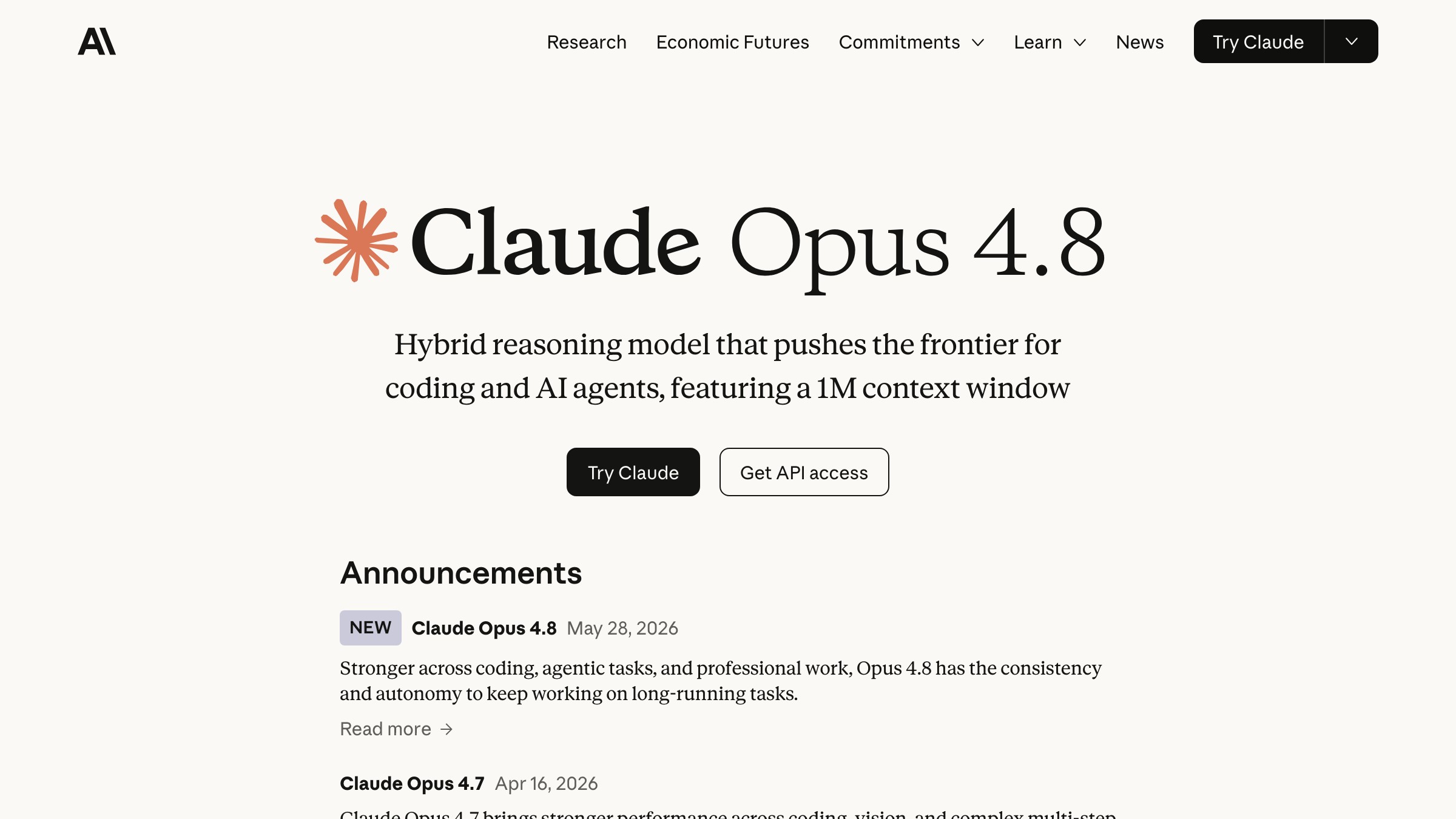 Anthropic Claude Opus 4.8 model page showing context window specs and model capabilities.