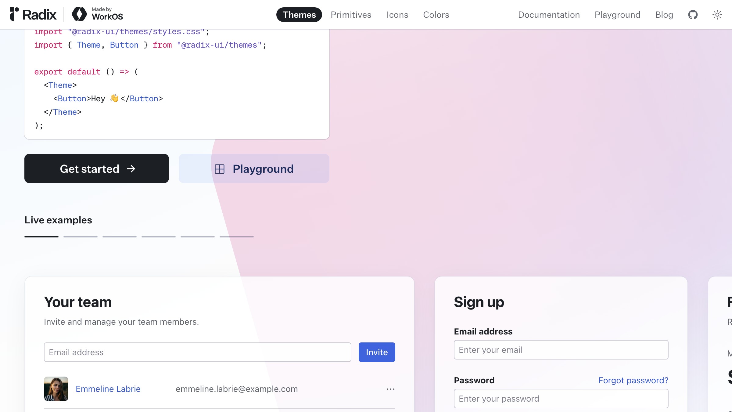 Radix UI component library docs showing primitive component structure, naming conventions, and usage patterns.