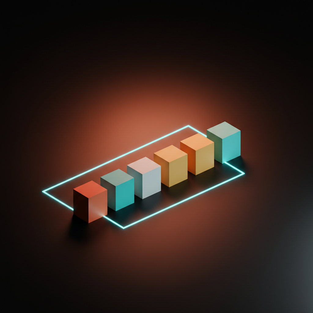 Voxel composition of a horizontal row of five tiny square tiles on the studio floor each tile a different muted color slightly different in height like a library shelf reading as a five-Skill design library