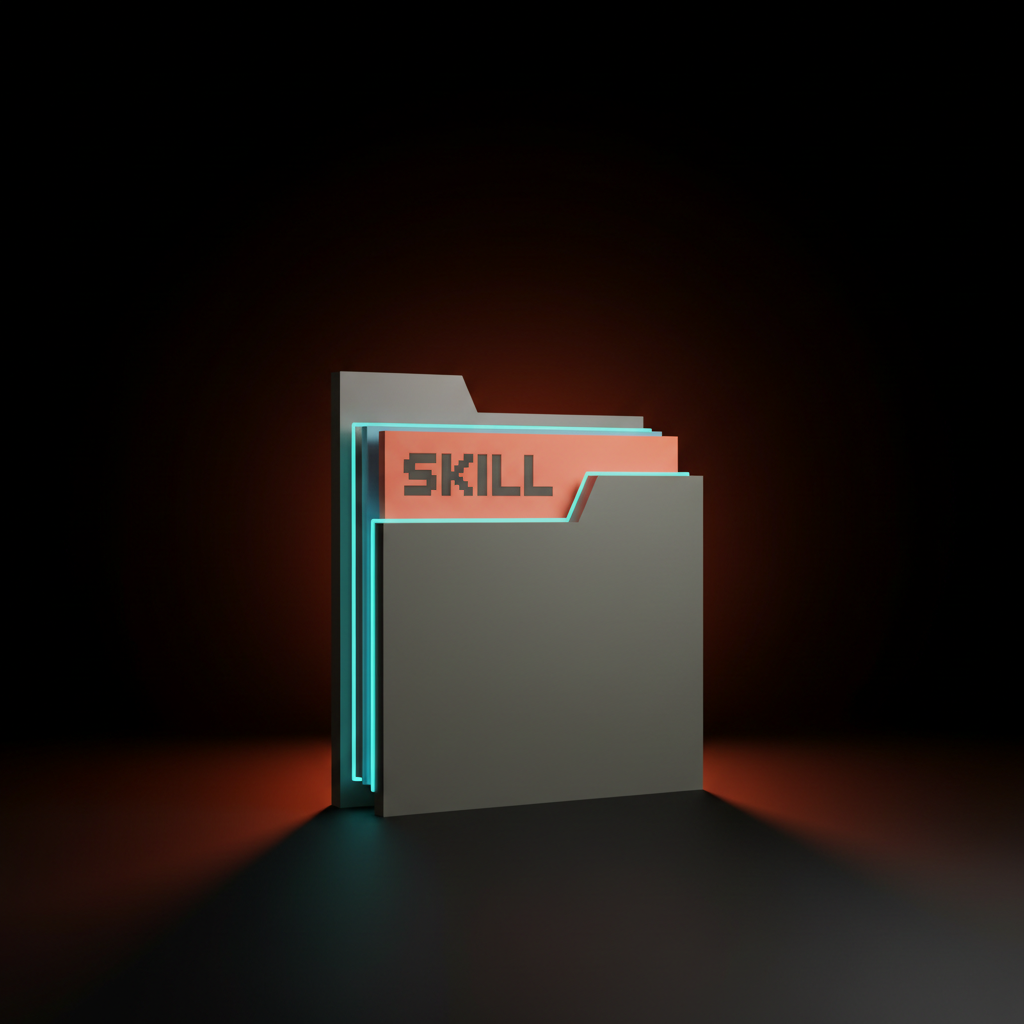 Voxel diagram of a single tall heavy folder block on the studio floor with three thin voxel files stacked vertically inside it, reading as the SKILL dot md file plus reference files inside one folder