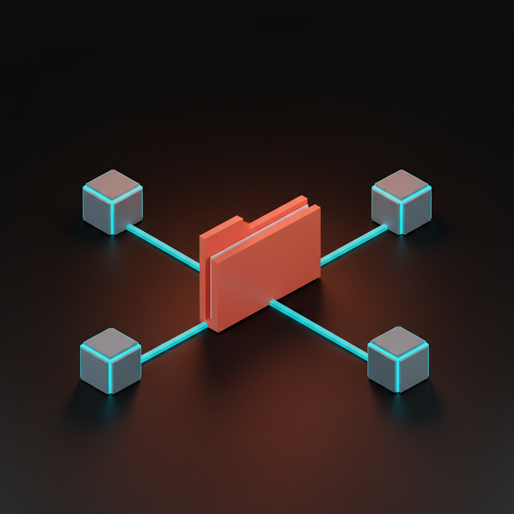 Voxel composition of a central folder block on the studio floor with three thin connecting rules radiating outward to three smaller voxel blocks placed around it reading as a Skill library distributed across a team