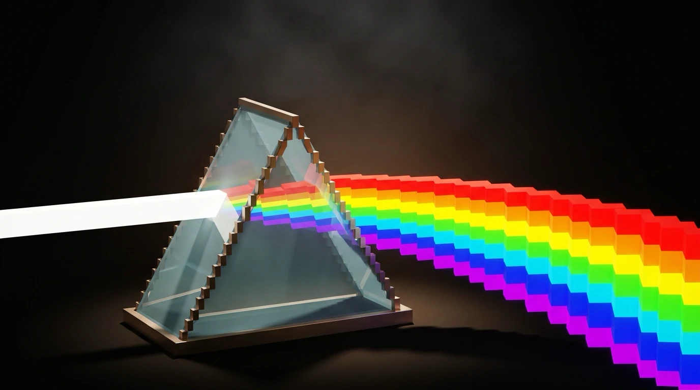 A glass prism splits white light into a full-spectrum rainbow, the same color relationships that underpin every harmony scheme.