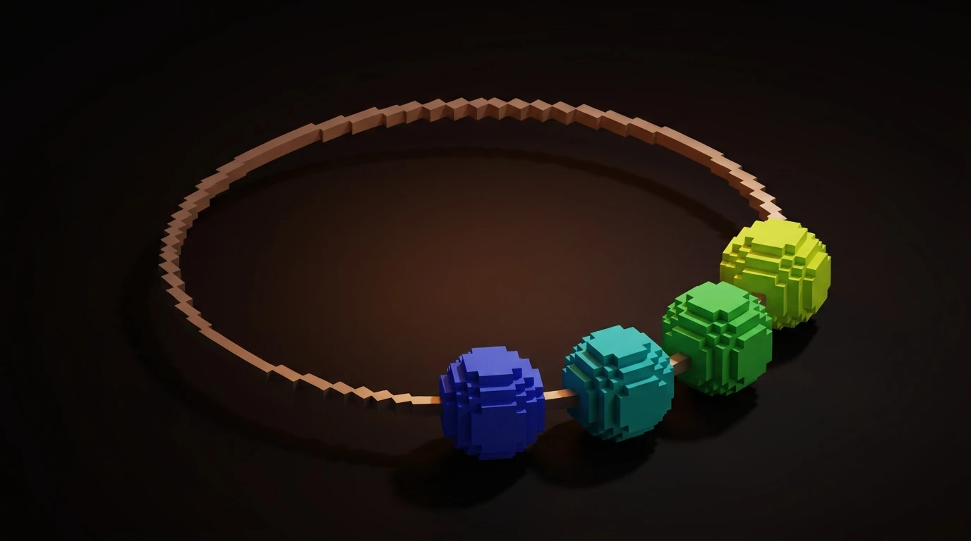 Analogous hues rendered as voxel blocks showing smooth spectral transitions between neighbors.