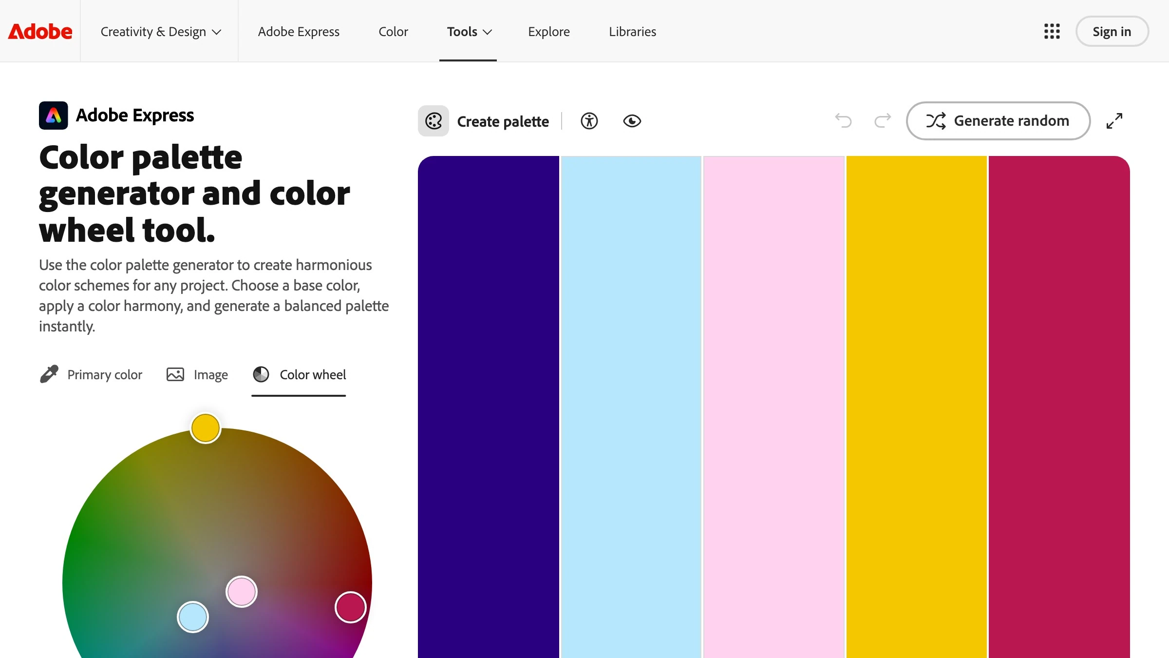 Adobe Color wheel tool displaying a complementary scheme with hex values and saturation controls.